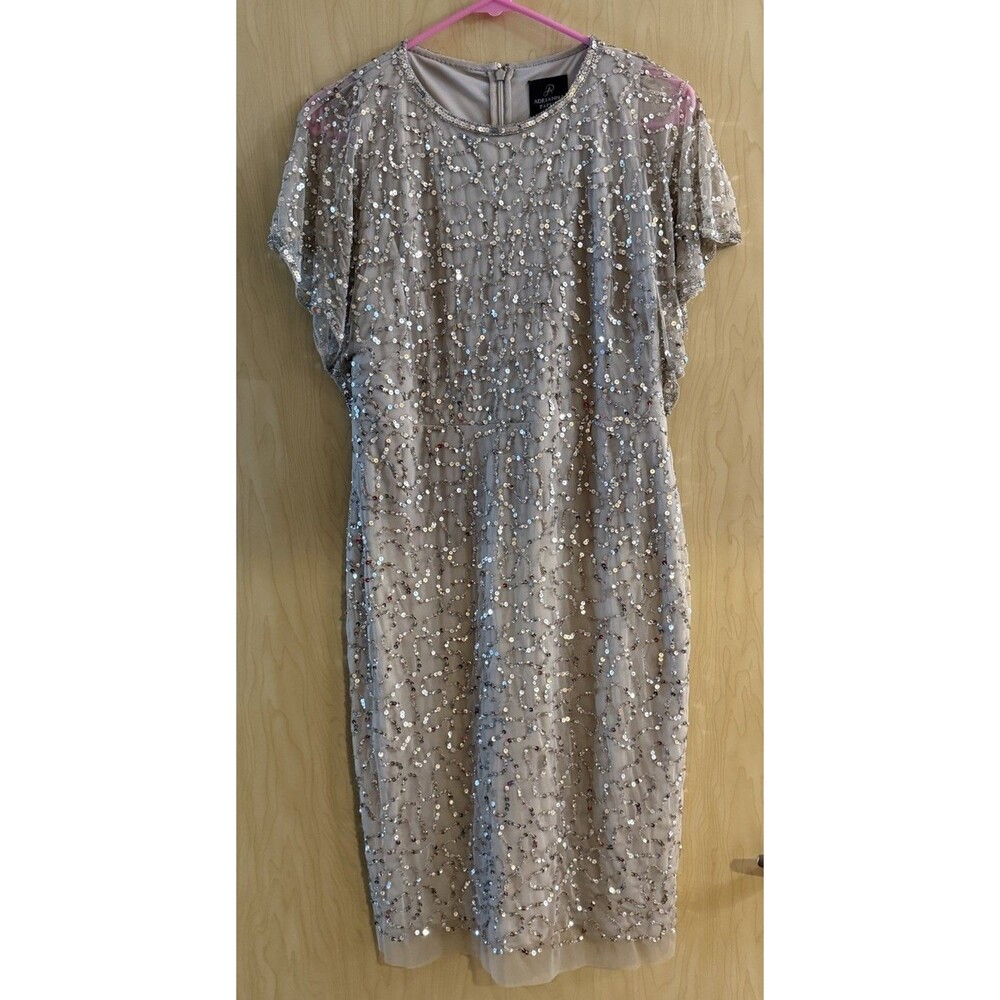 Adrianna Papell cocktail Midi dress silver sequin Flutter Sleeve Size 8 formal